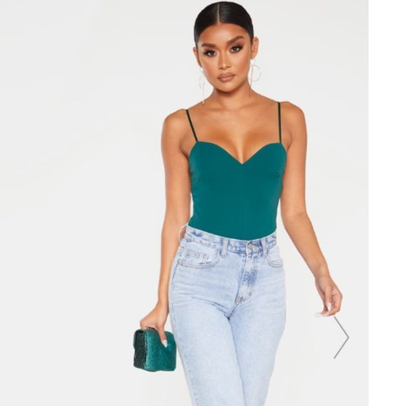 EMERALD GREEN SWEETHEART NECK STRAPPY BODYSUIT - Picture 2 of 7